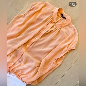 Gorgeous Seventy Sherbert Orange Sheer Blouse - Drawstring hem - Size S